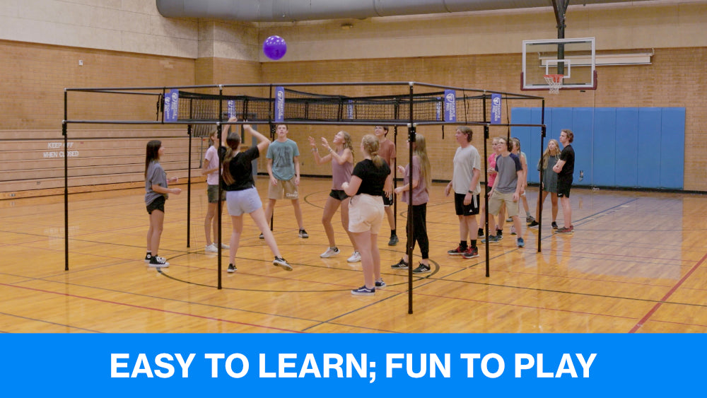 9 Square being played in school gym/pe with text saying, "easy to learn; fun to play"